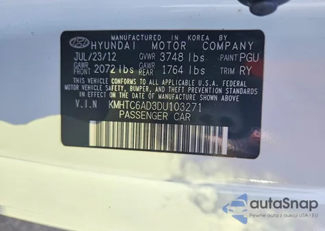 2013 Hyundai Veloster Base from USA, damaged, VIN KMHTC6AD3DU103271